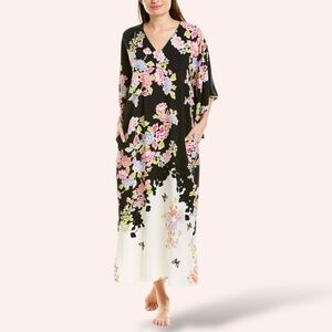 NATORI ‘Josie’ Gardenia Kimono Style V-Neck Kaftan Side Seam Pockets  NWT Sz M